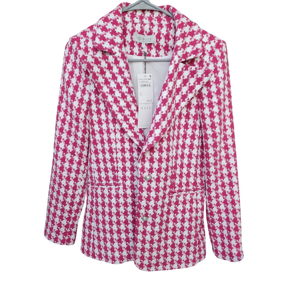 WAYF Houndstooth Tweed Blazer‎ Pearl Button Pink White Wool Blend Preppy XS NEW